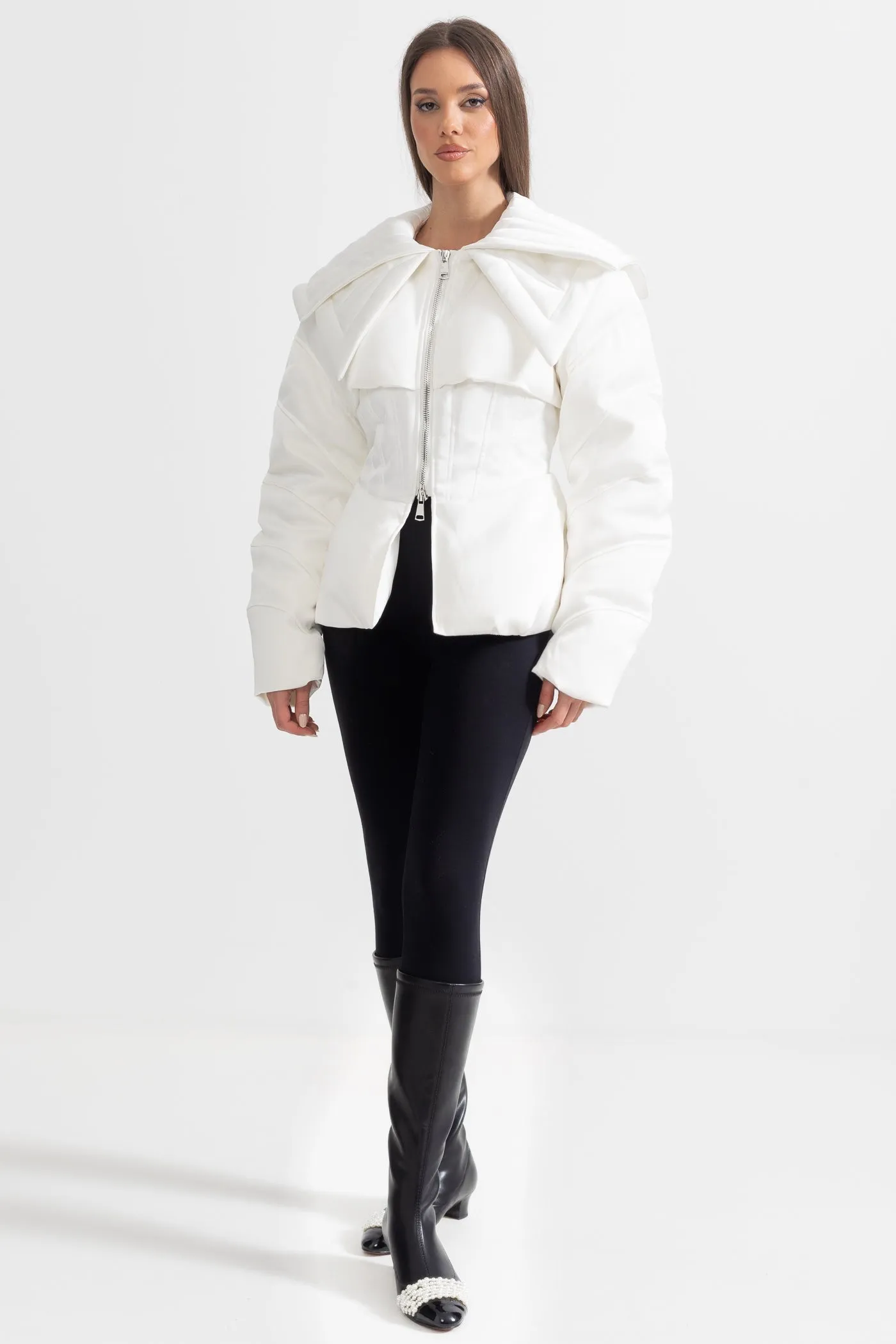 Structured Puffer Jacket With Oversized Lapels - White