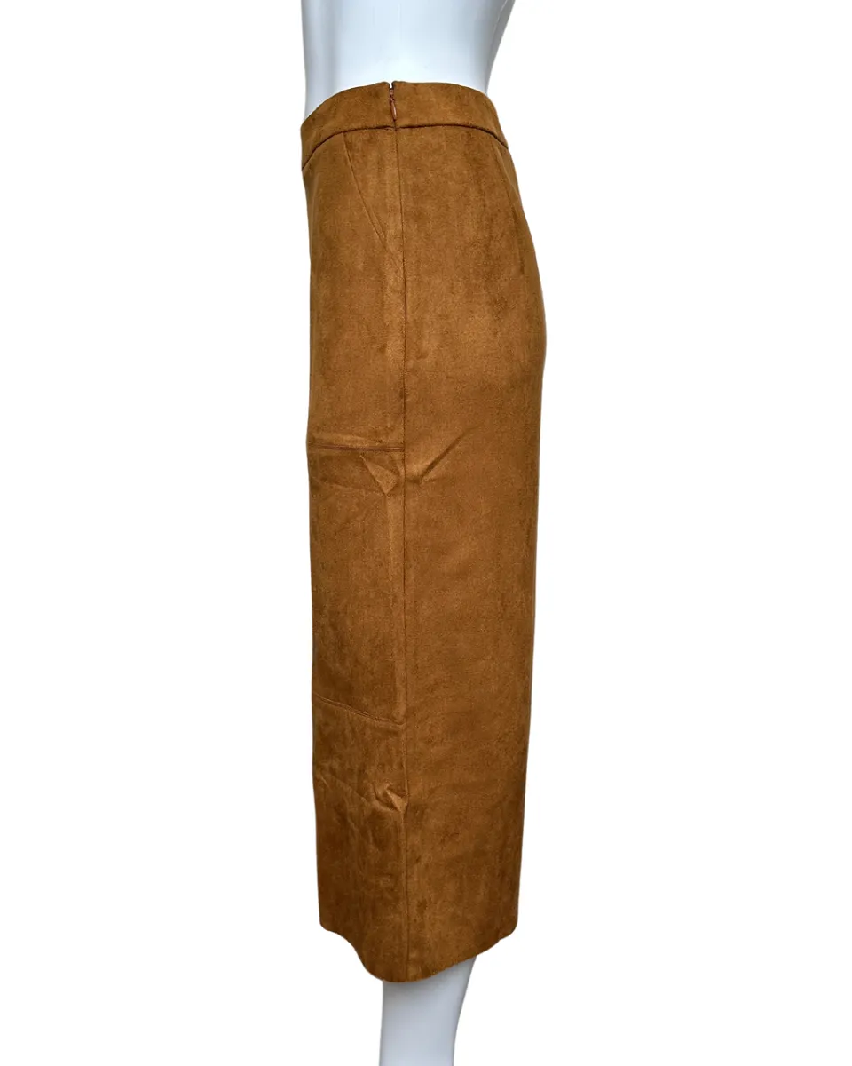 Suede Midi Skirt with Back Slit in Caramel