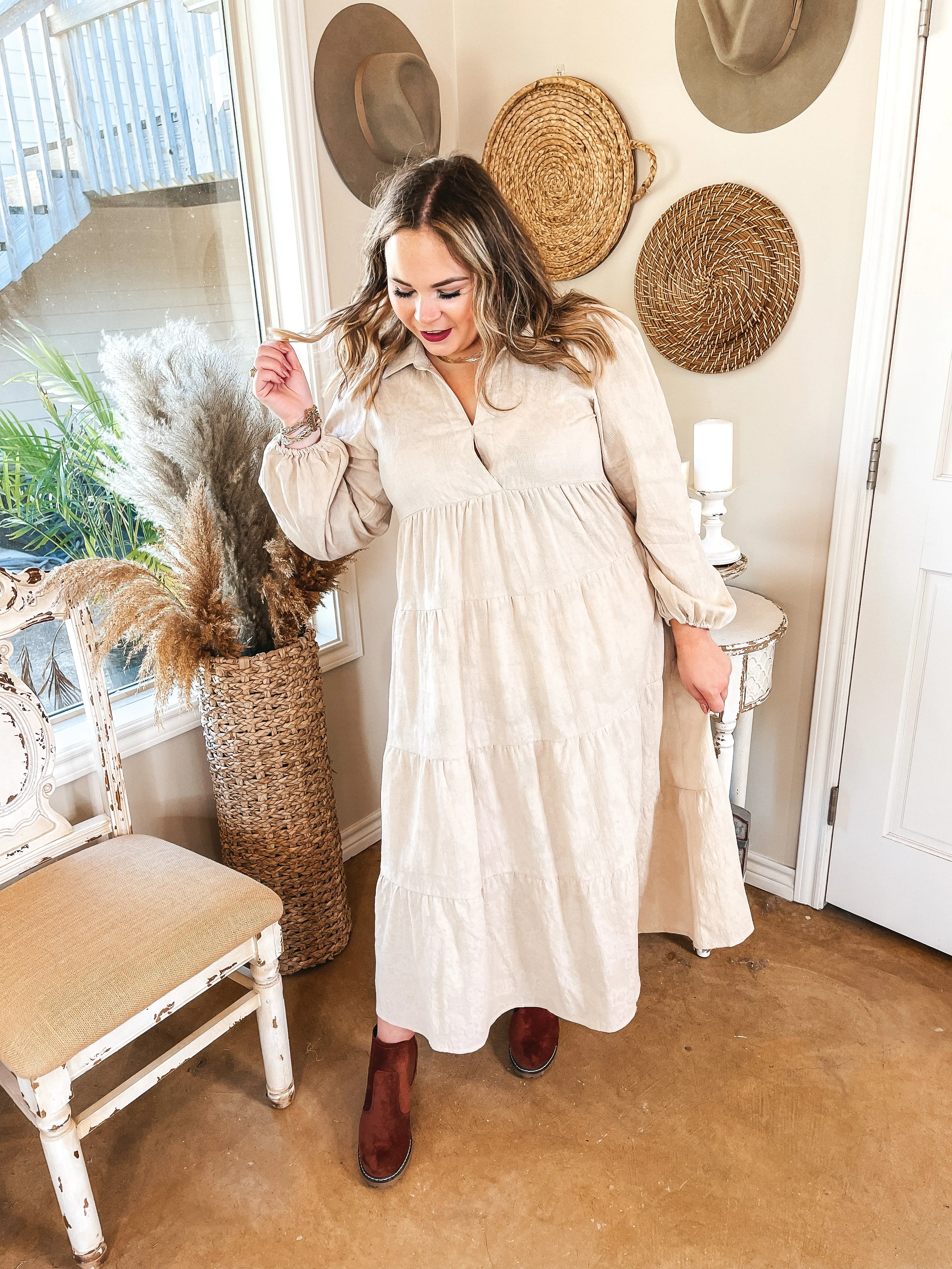 Sweet Glances Long Sleeve Tiered Midi Dress in Stone