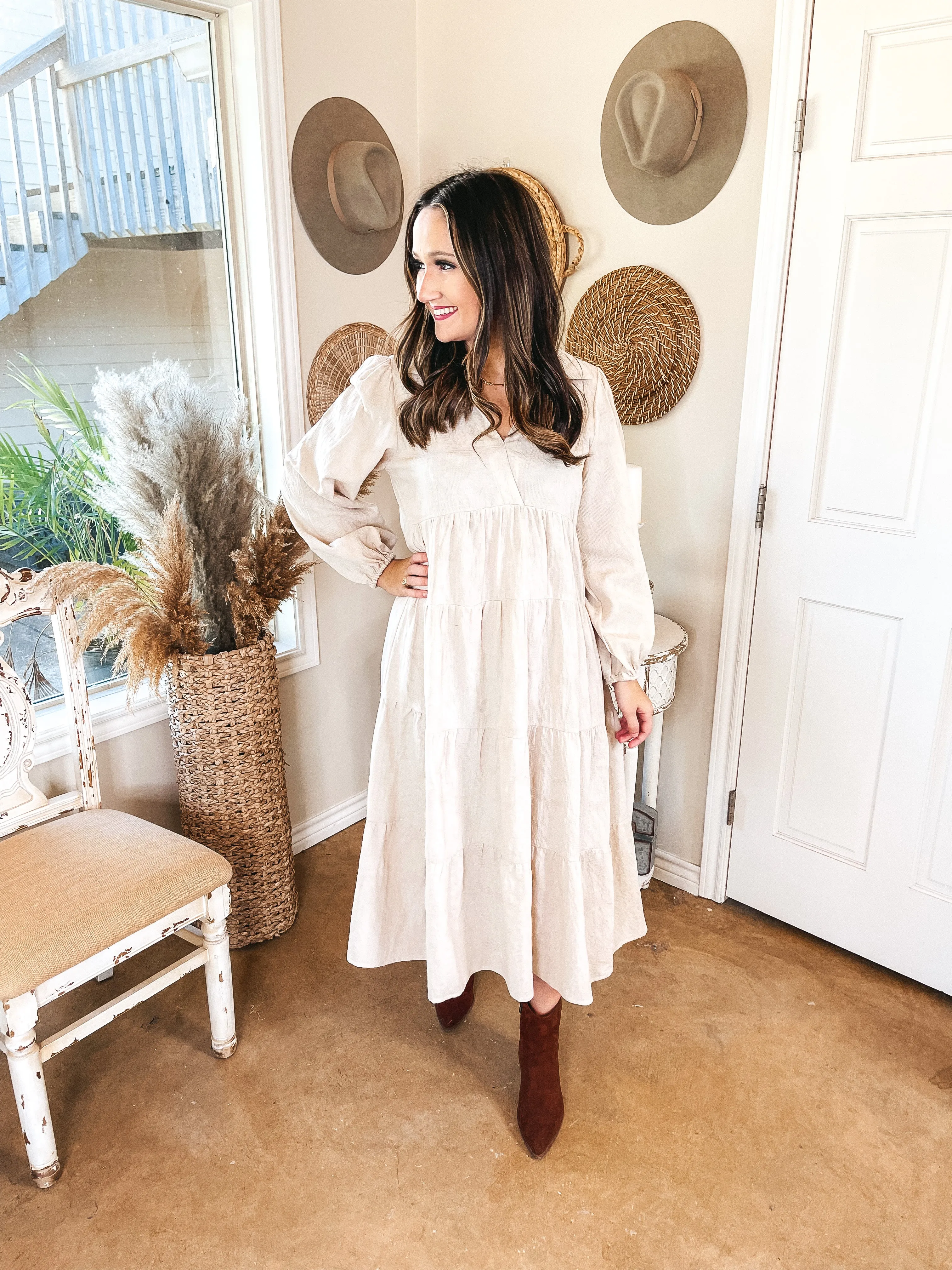 Sweet Glances Long Sleeve Tiered Midi Dress in Stone