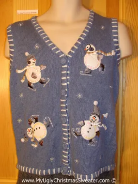 Tacky Holiday Sweater  Vest with Four Festive Skating Snowman Friends Loving Life in a Winter Wonderland  (f1070)