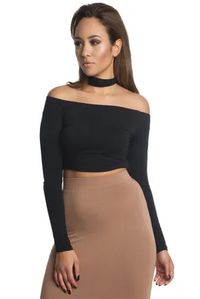 THE MYSTYLEMODE BLACK LONG SLEEVE CHOKER COLLAR CROP TOP