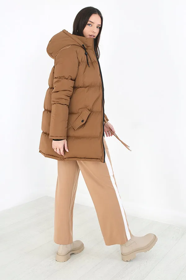 TOFFEE ZIP THROUGH HOODED PADDED PUFFER JACKET