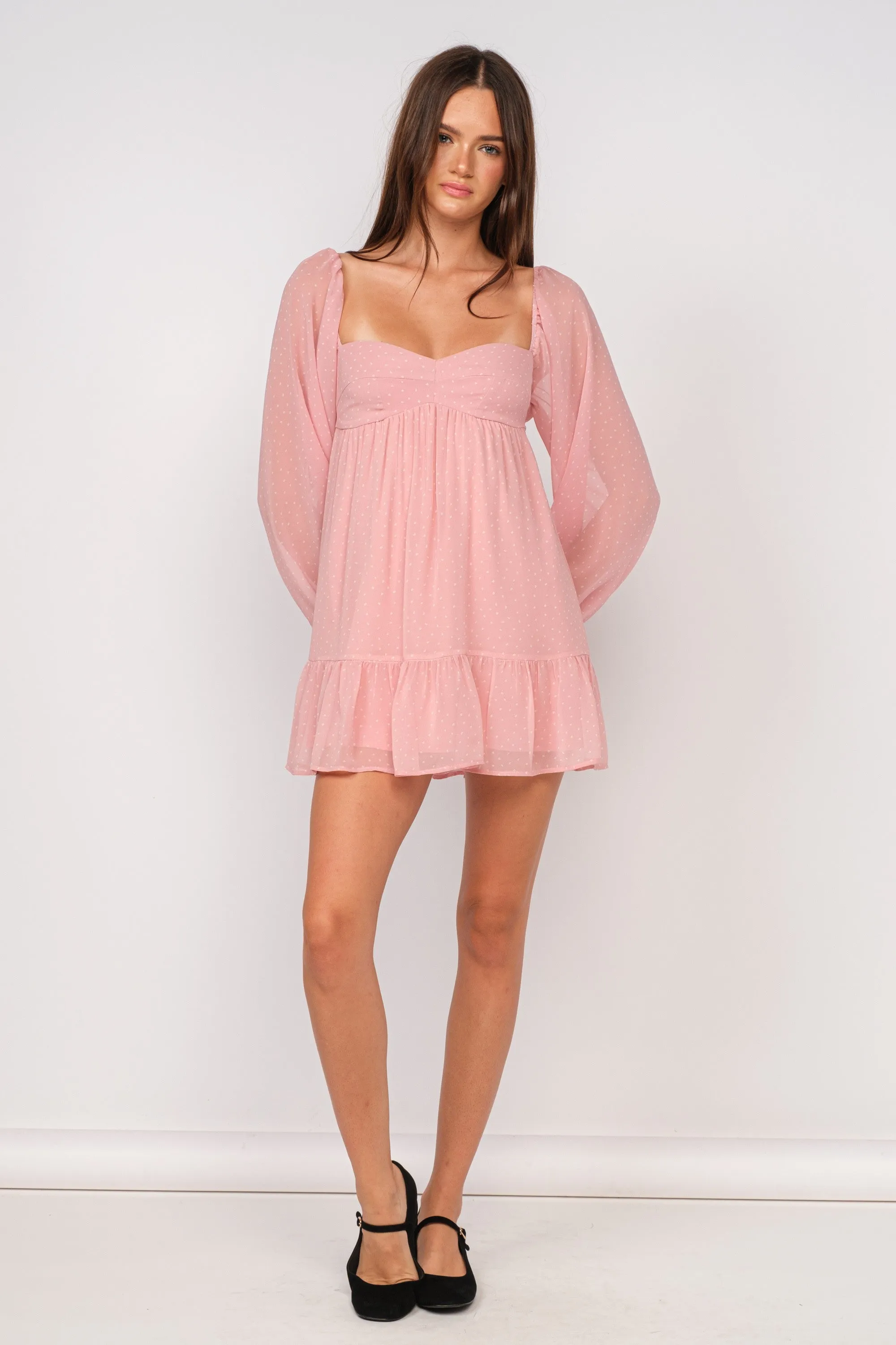 Trish Pink Dot Long Sleeve Babydoll Mini Dress