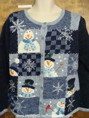 Ugly Blue Patchwork Snowman Festive Xmas Sweater