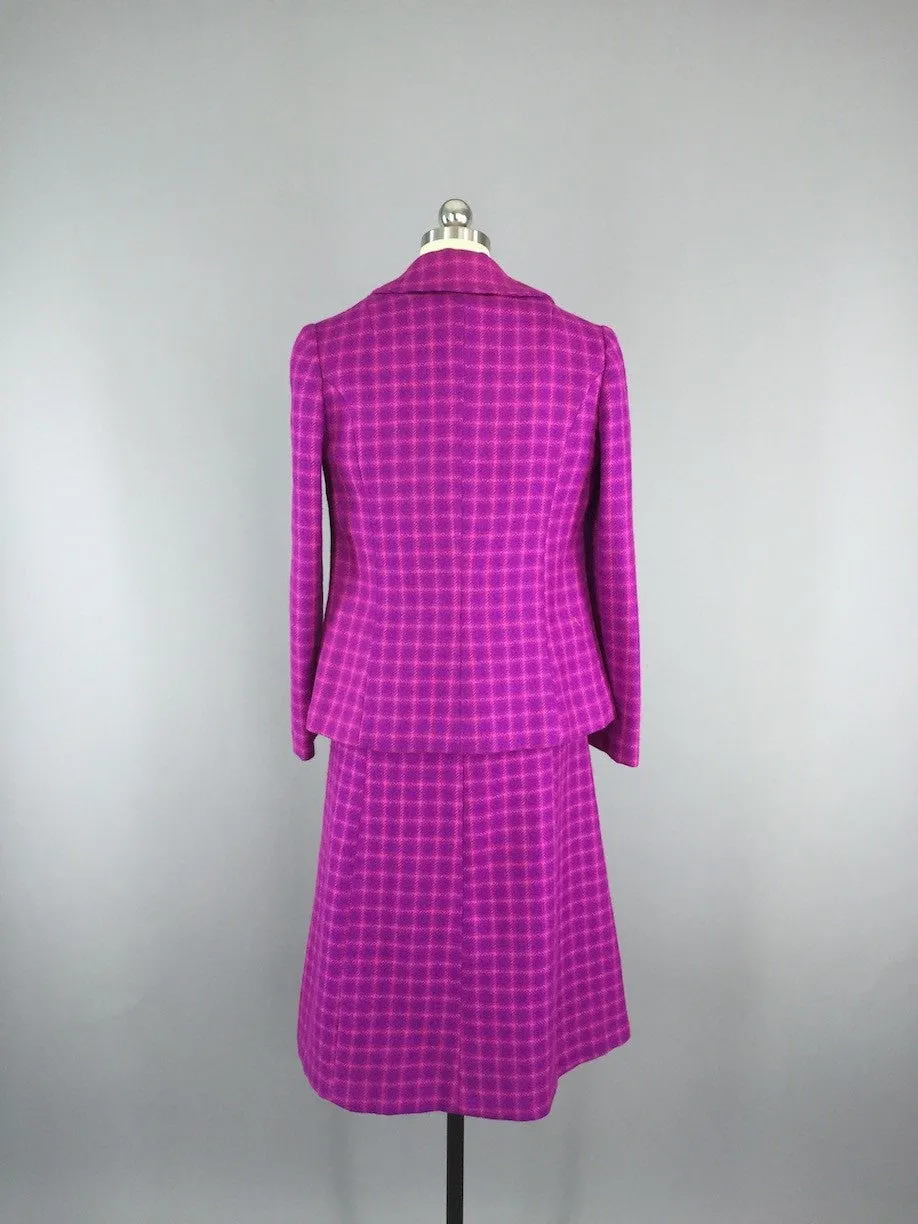 Vintage 1960s Wool Dress & Jacket Set / Magenta Plaid