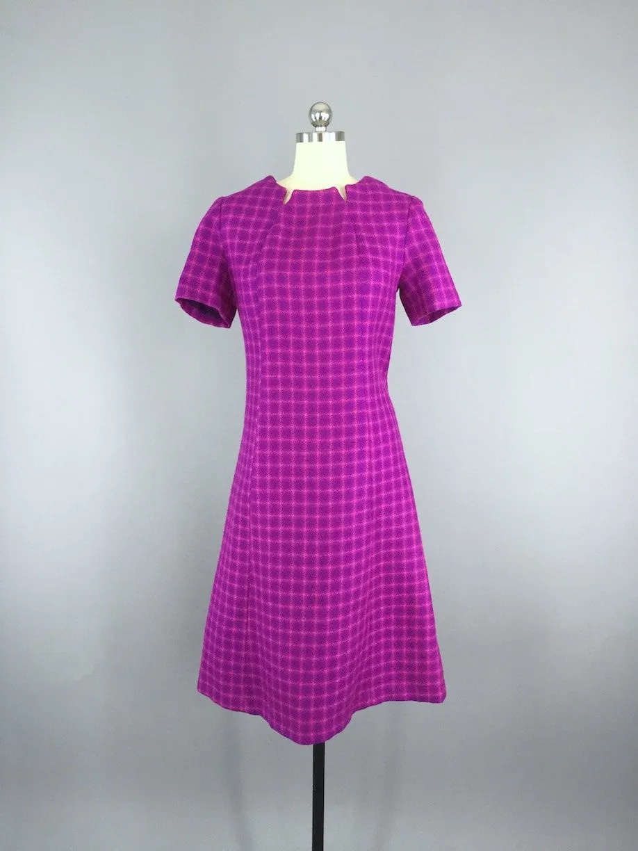 Vintage 1960s Wool Dress & Jacket Set / Magenta Plaid