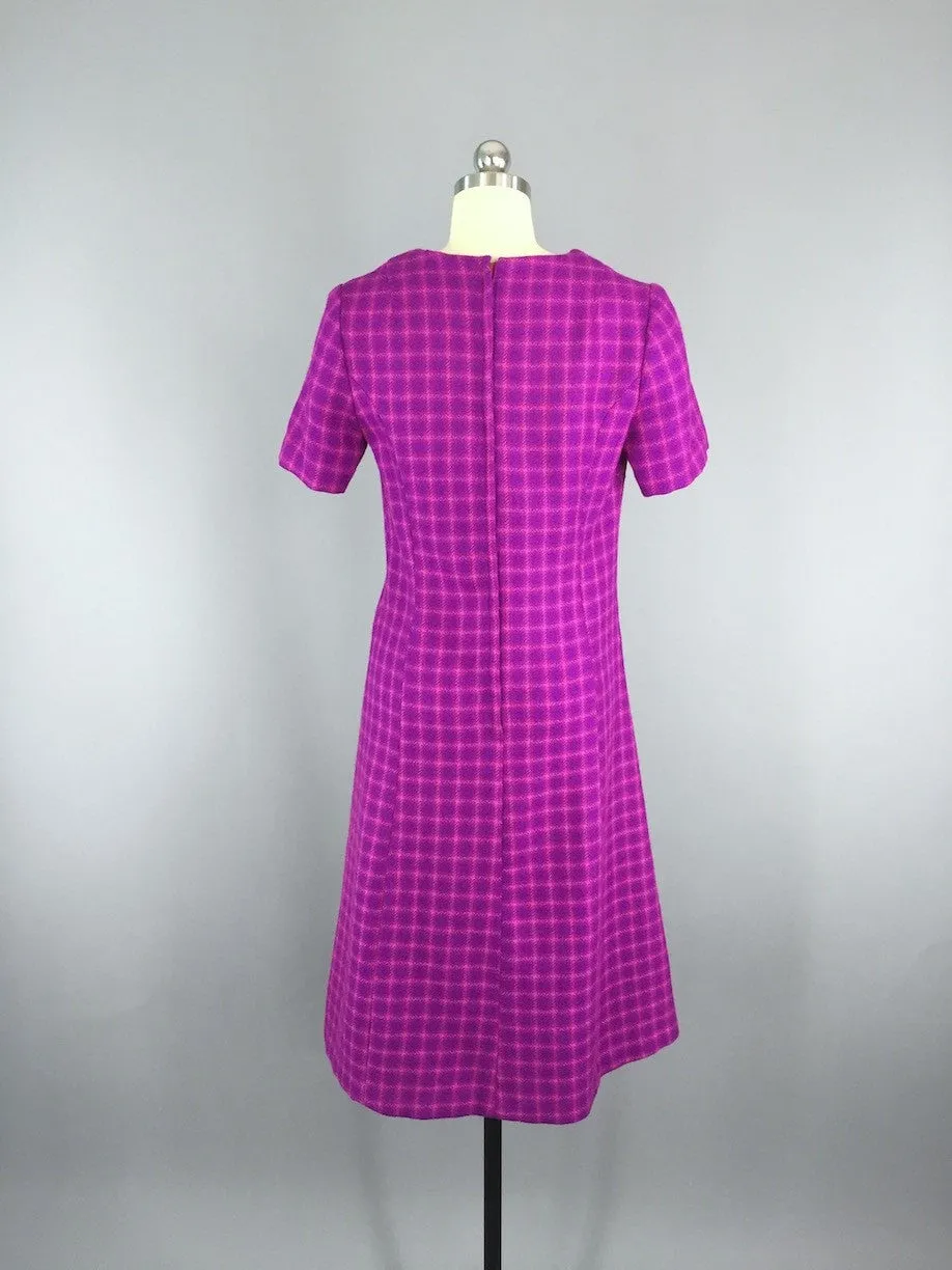 Vintage 1960s Wool Dress & Jacket Set / Magenta Plaid