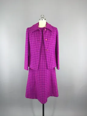 Vintage 1960s Wool Dress & Jacket Set / Magenta Plaid