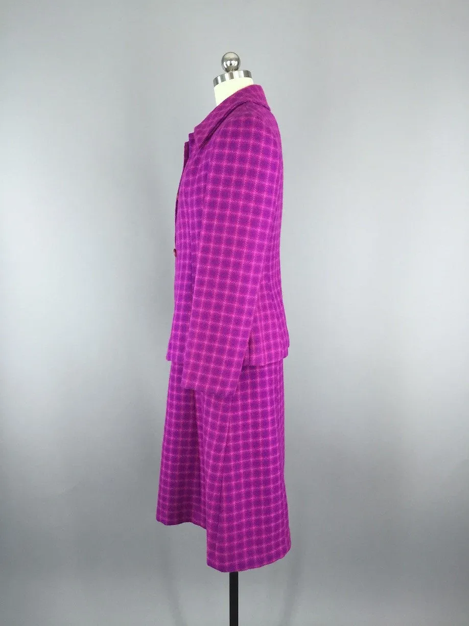 Vintage 1960s Wool Dress & Jacket Set / Magenta Plaid