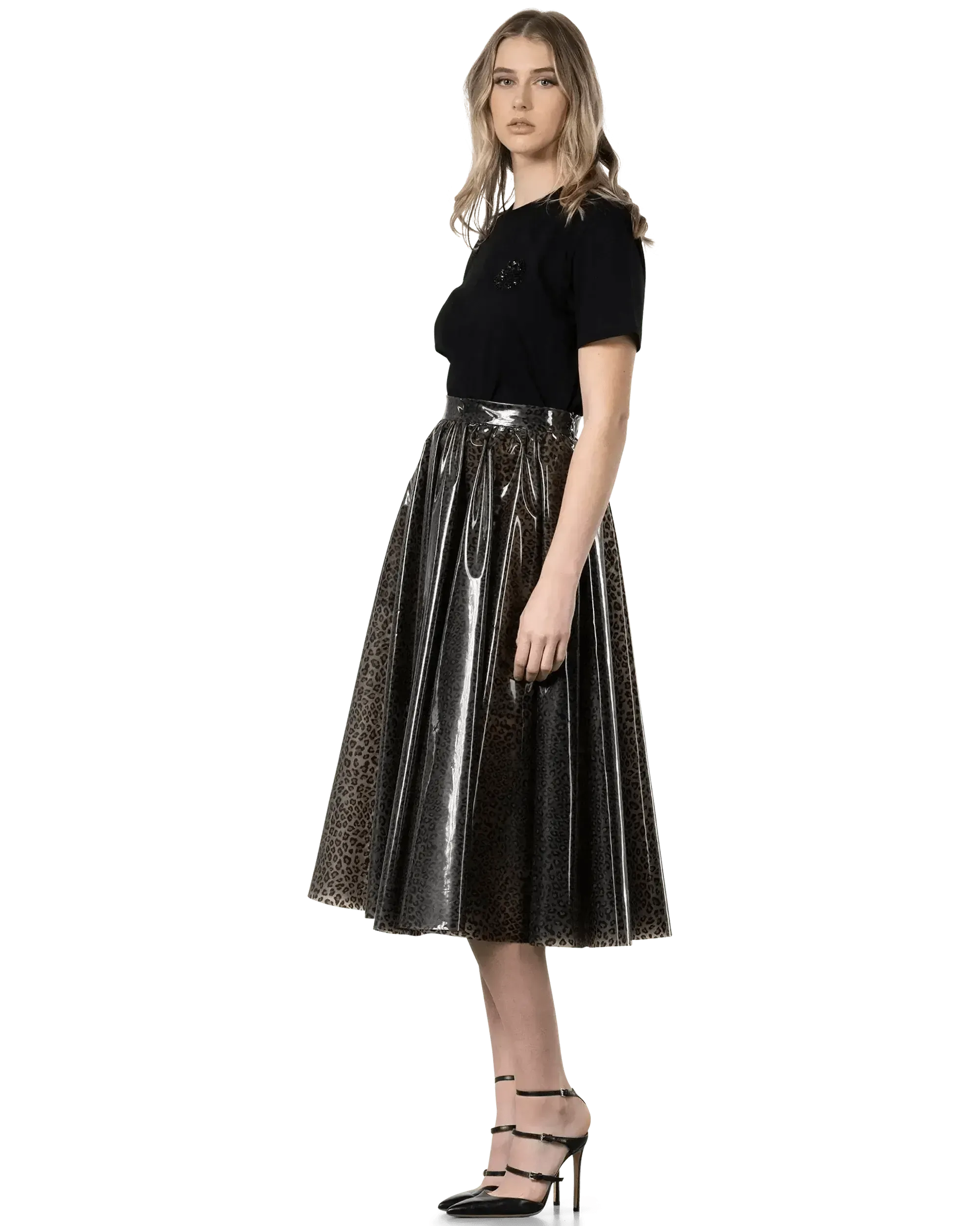 Vinyl-Covered Leopard Print Skirt