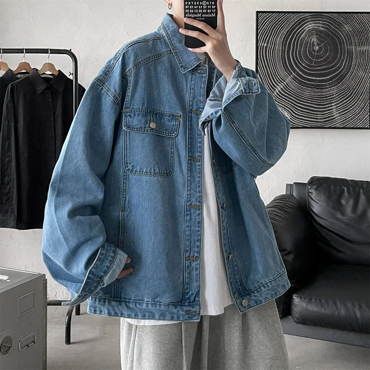 WIAOFELLAS -  Men&#39;s Fashion Trend Pure Color Blue Denim Jackets Loose Casual Long Sleeve Outerwear Pocket Popular Coats Plus Size M-2XL