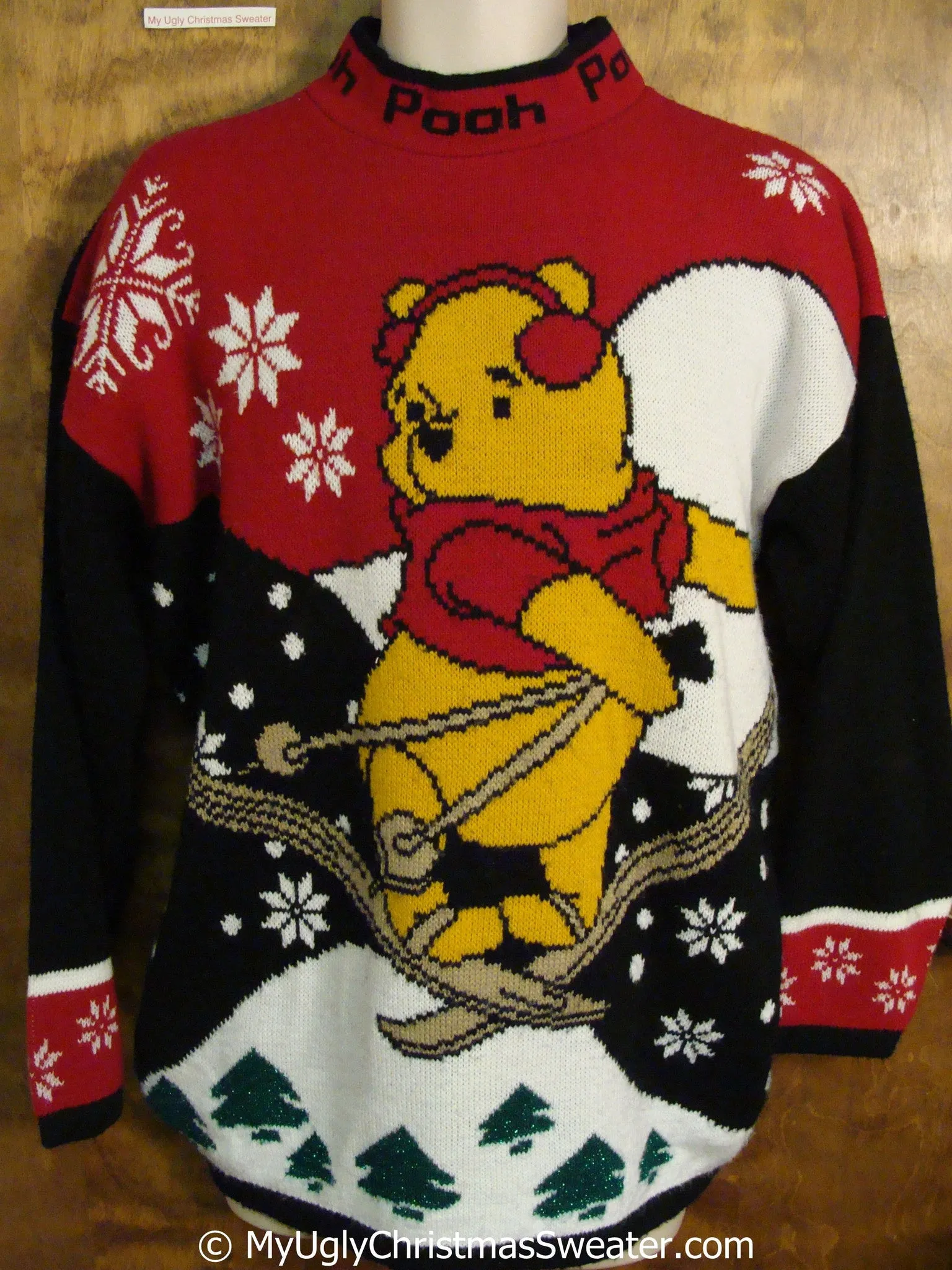 Winnie the Pooh Skiing 80s Ugly Christmas Sweater Pullover