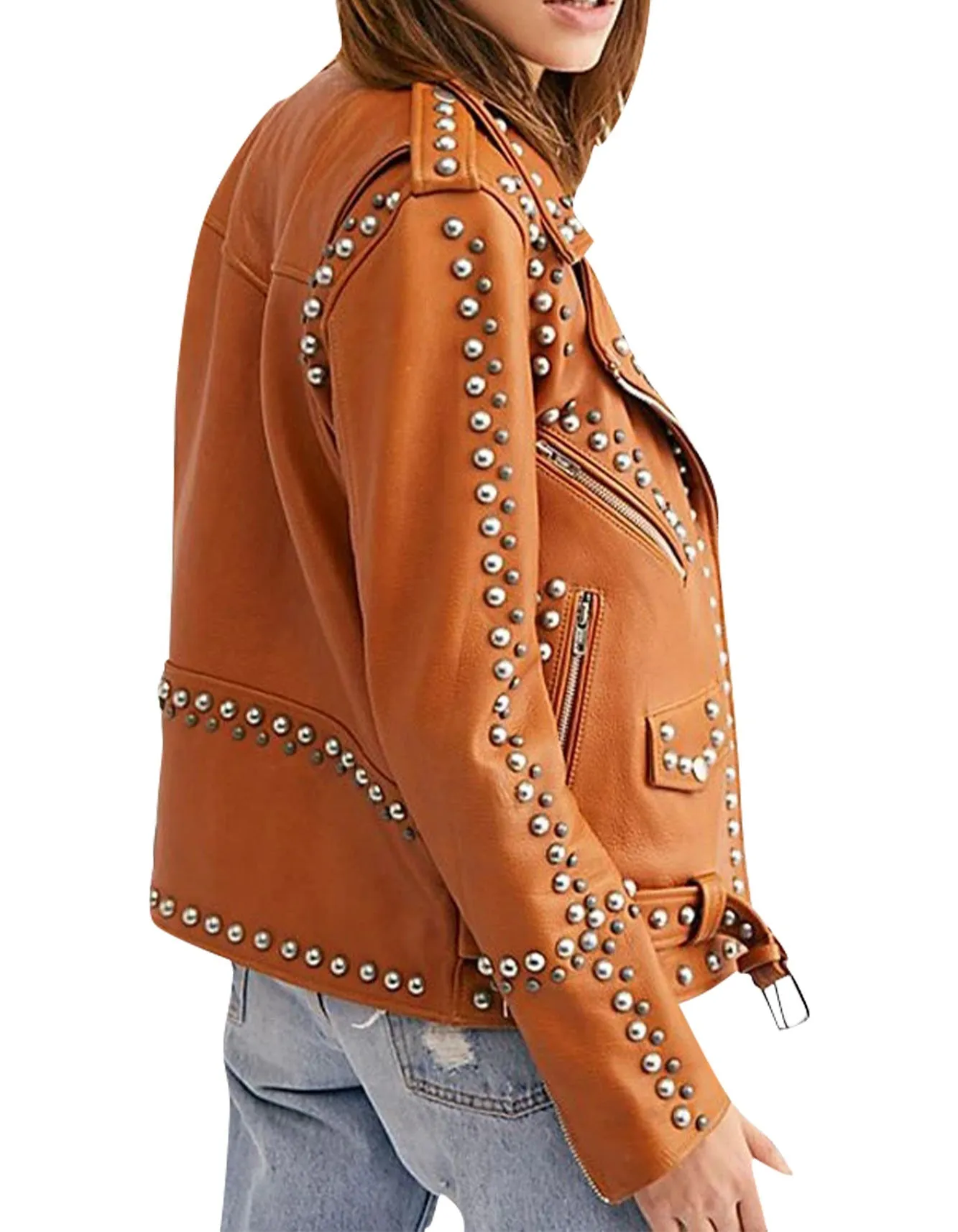 Women Brown Studded Leather Jacket