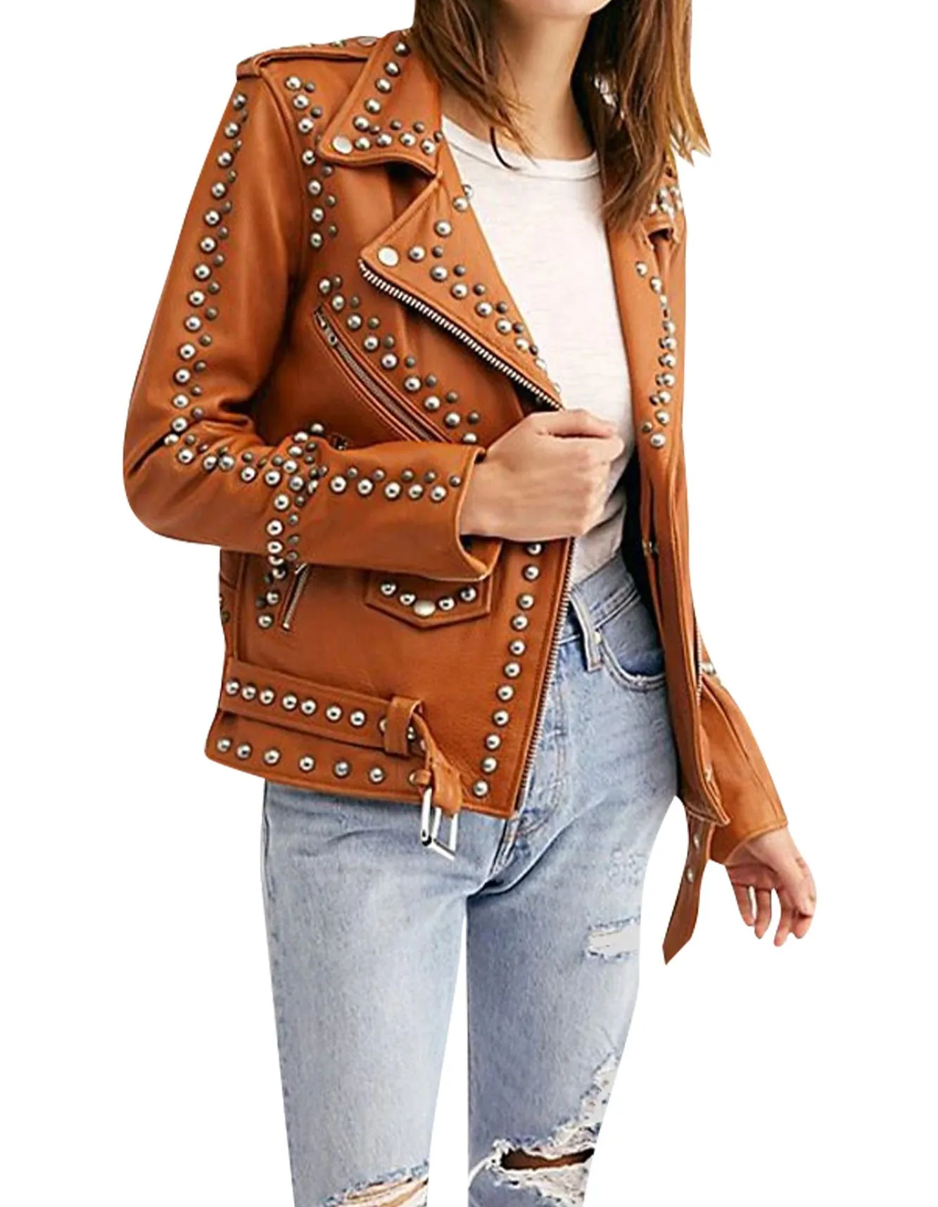 Women Brown Studded Leather Jacket