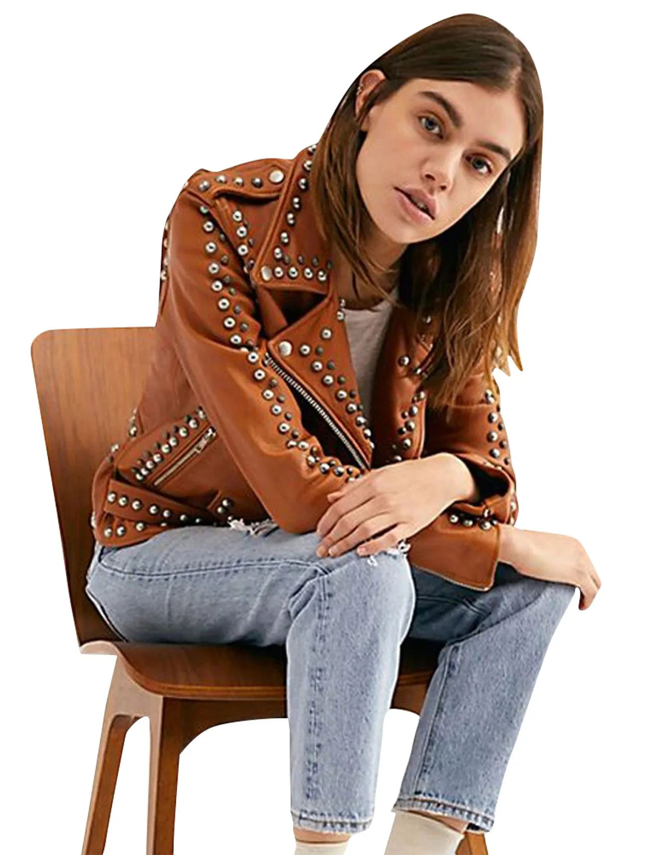 Women Brown Studded Leather Jacket