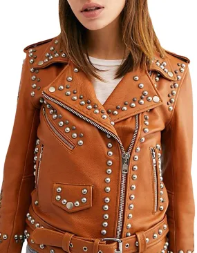 Women Brown Studded Leather Jacket