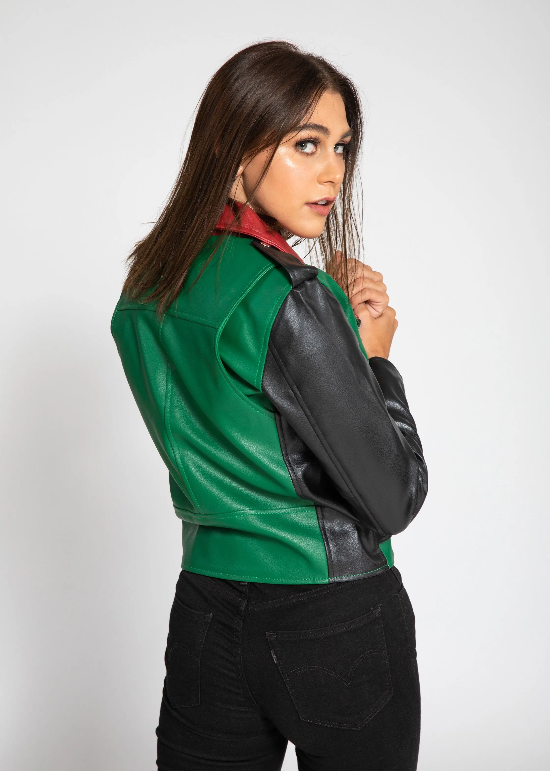 Women's Block Print Moto Leather Jacket - Red/Green