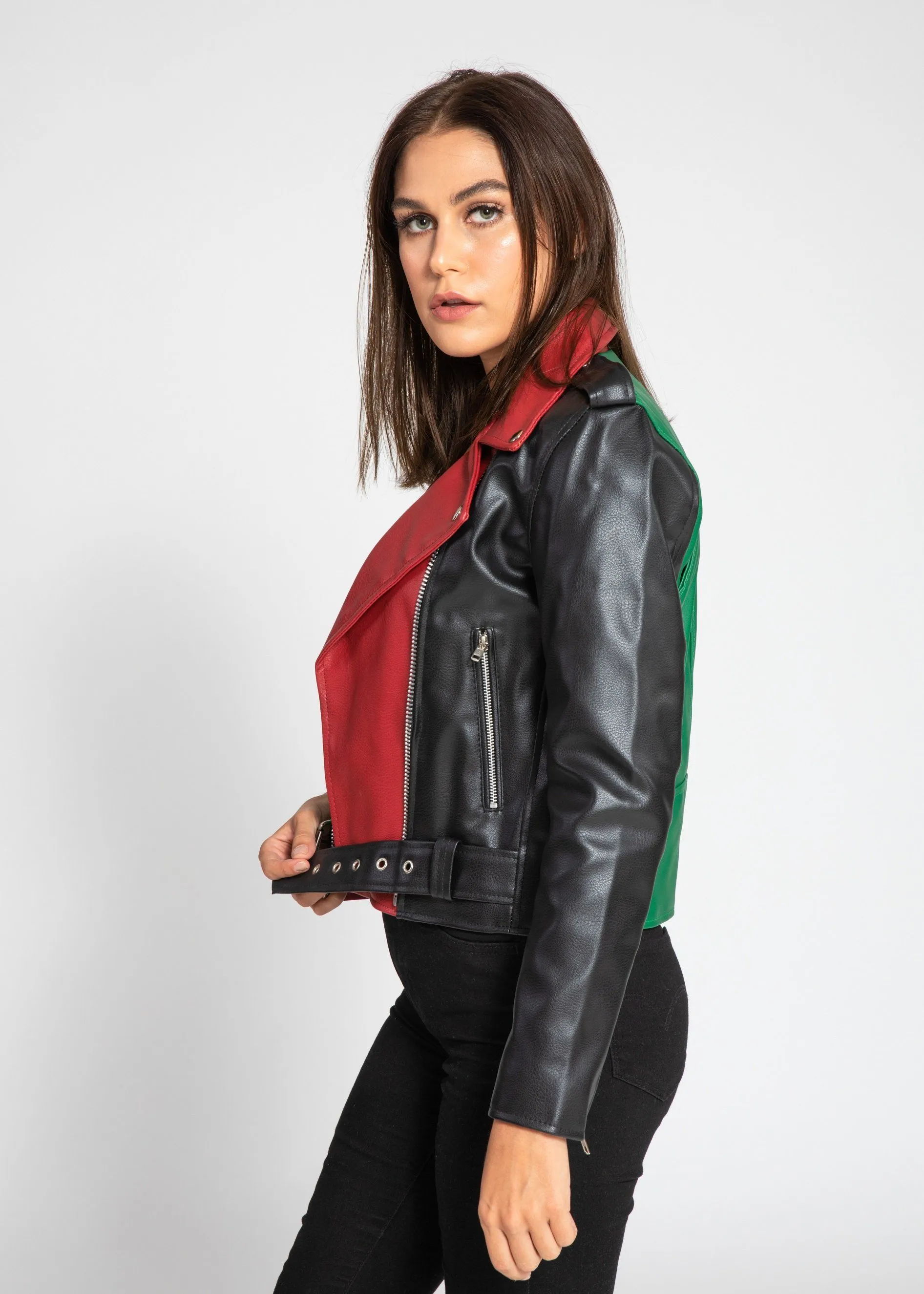 Women's Block Print Moto Leather Jacket - Red/Green