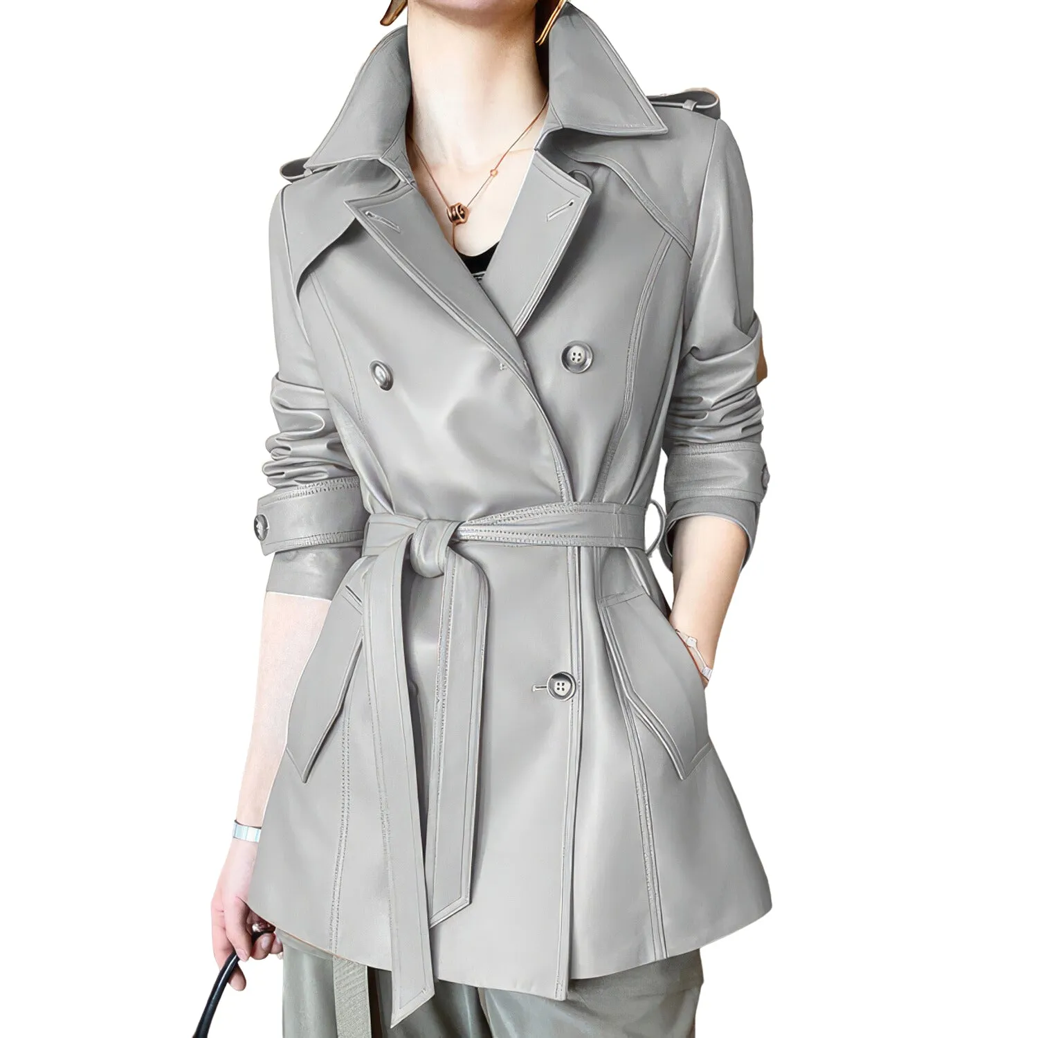 Women’s Grey Genuine Sheepskin Lapel Collar Business Fashion Double Breasted Belted Leather Trench Coat