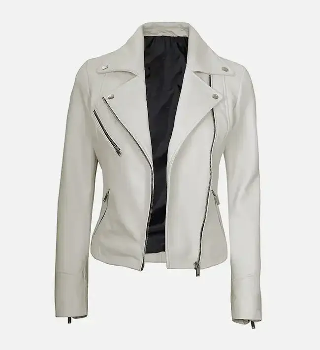 Women's Moto Style White Leather Jacket