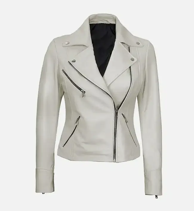 Women's Moto Style White Leather Jacket