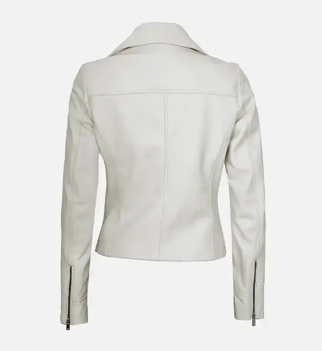 Women's Moto Style White Leather Jacket